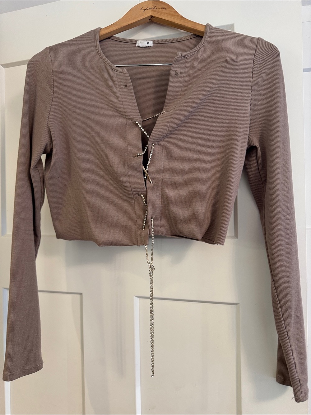 Garage Taupe Ribbed Lace-Up Long Sleeve Crop Top
